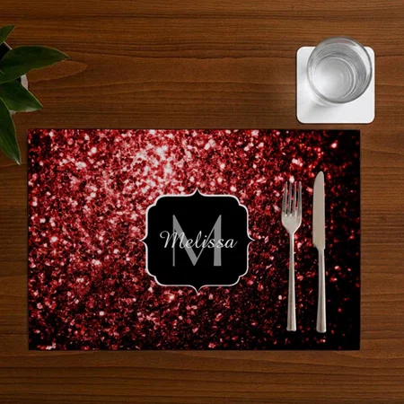 Dark Red faux Glitter sparkles Glamour Monogram Customized Printed Cloth Placemat Table Mat