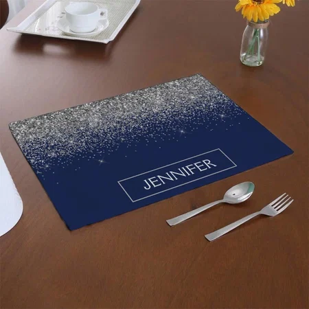 Silver Navy Blue Glitter Girly Monogram Name Customized Printed Cloth Placemat Table Mat