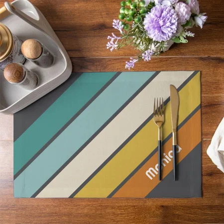 Retro Stripe Teal And Gold With Name Customized Printed Cloth Placemat Table Mat