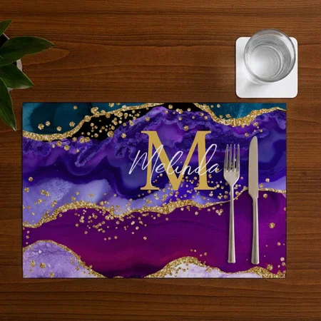 Purple And Blue Peacock Faux Glitter Agate Customized Printed Cloth Placemat Table Mat