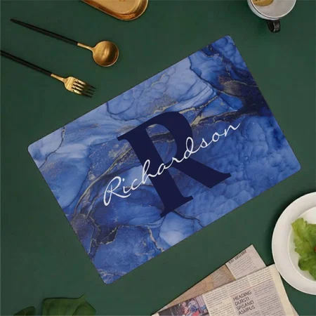 Navy Agate Monogram And Name Marble Luxury Customized Printed Cloth Placemat Table Mat