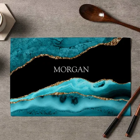 Black, Gold & Teal Agate Customized Printed Cloth Placemat Table Mat