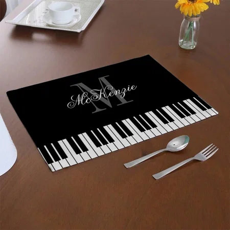 Black & White Piano Keys Custom Monogram Customized Printed Cloth Placemat Table Mat