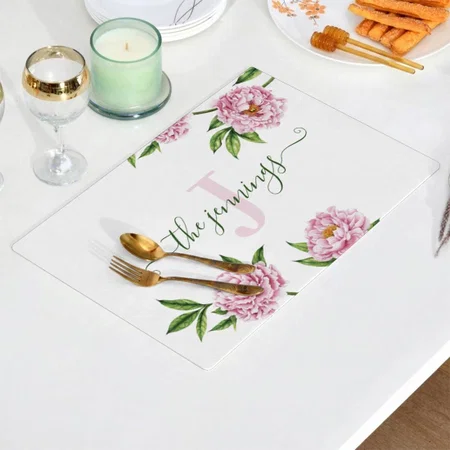 Monogrammed Watercolor Pink Peony Customized Printed Cloth Placemat Table Mat