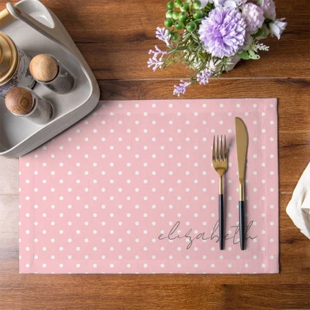 Rendy Polka Dot Blush Pink Script Gray Name Customized Printed Cloth Placemat Table Mat