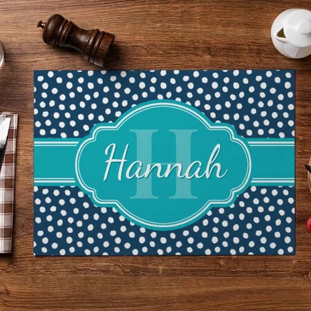 Navy White Dotted Pattern Teal Monogram Customized Printed Cloth Placemat Table Mat