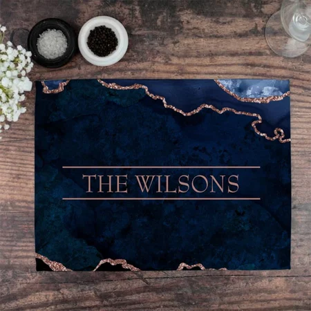 Monogram Midnight Blue Abstract Elegant Marble Customized Printed Cloth Placemat Table Mat