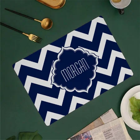 Monogramed White & Blue Geometric Zigzag Customized Printed Cloth Placemat Table Mat