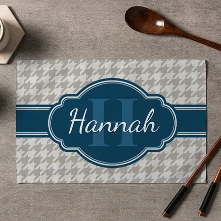 Gray Houndstooth Pattern Navy Monogram Customized Printed Cloth Placemat Table Mat
