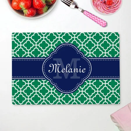 Emerald Green White Moroccan Pattern Navy Customized Printed Cloth Placemat Table Mat