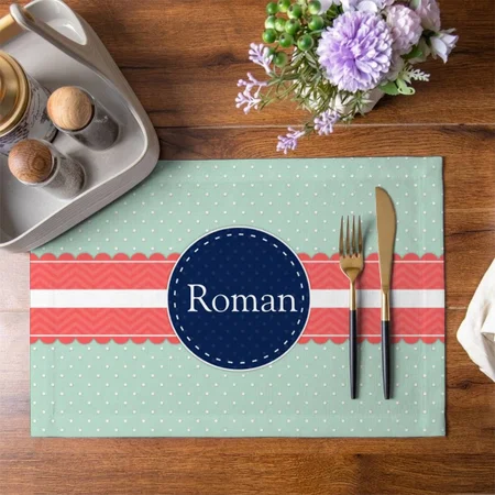 Mint Polka Dot Pattern Coral Navy Blue Monogram Customized Printed Cloth Placemat Table Mat