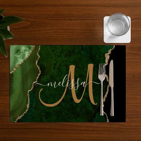 Chic Green Gold Glitter Agate Custom Monogram Customized Printed Cloth Placemat Table Mat