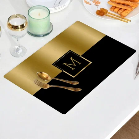 Gold & Black Geometric Design Monogram Customized Printed Cloth Placemat Table Mat