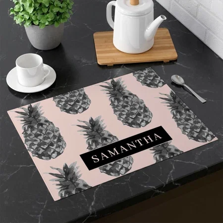 Tropical Grey & Pink Pineapple Pattern With Name Customized Printed Cloth Placemat Table Mat