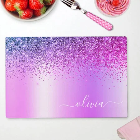 Purple Monogram Glitter Sparkle Girly Script Customized Printed Cloth Placemat Table Mat