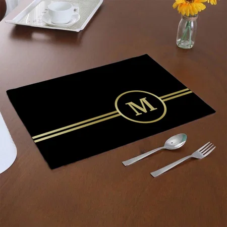 Elegant Gold Personalized Monogram On Black Customized Printed Cloth Placemat Table Mat