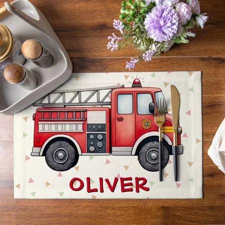 Cute Red Watercolor Firetruck Customized Printed Cloth Placemat Table Mat