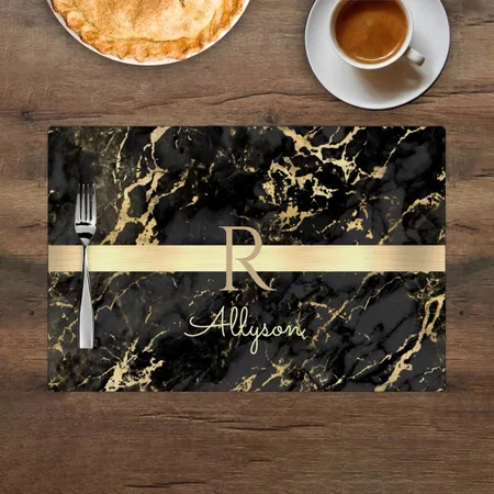Black & Gold Marble Name & Monogram Customized Printed Cloth Placemat Table Mat
