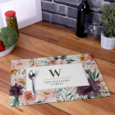Modern Watercolor Floral Elegant Monogram Pink Customized Printed Cloth Placemat Table Mat