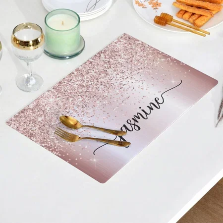 Glam Rose Gold Glitter Monogram Name Script Customized Printed Cloth Placemat Table Mat