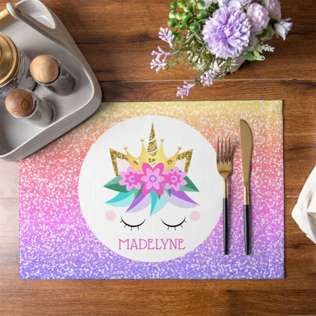 Unicorn Princess Rainbow Glitter Customized Printed Cloth Placemat Table Mat