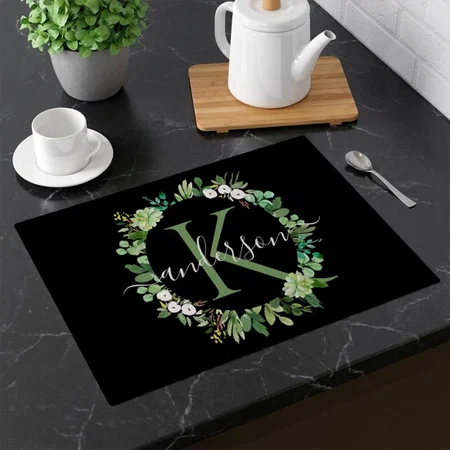Cool Succulent Wreath Foliage Watercolor Monogram Customized Printed Cloth Placemat Table Mat
