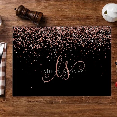 Rose Gold Blush Pink Glitter Glam Monogram Name Customized Printed Cloth Placemat Table Mat