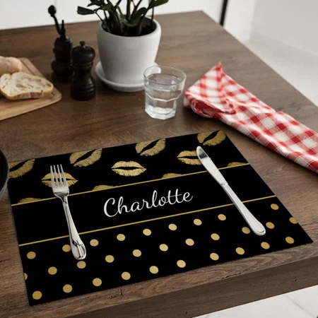 Black And Gold Kisses And Love Hearts Customized Printed Cloth Placemat Table Mat