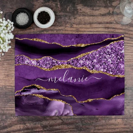 Agate Purple Violet Gold Glitter Customized Printed Cloth Placemat Table Mat