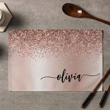 Rose Gold Blush Pink Glitter Monogram Customized Printed Cloth Placemat Table Mat