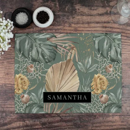 Tropical Watercolor Gold & Green Leaves Pattern Customized Printed Cloth Placemat Table Mat