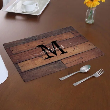 Farmhouse Brown Rustic Script Monogram Customized Printed Cloth Placemat Table Mat