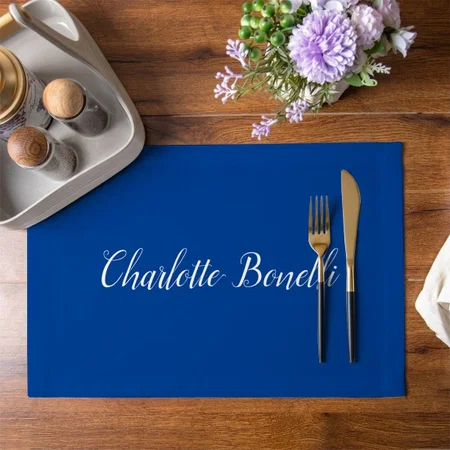 Professional Minimalist Handwriting Name Blue Customized Printed Cloth Placemat Table Mat