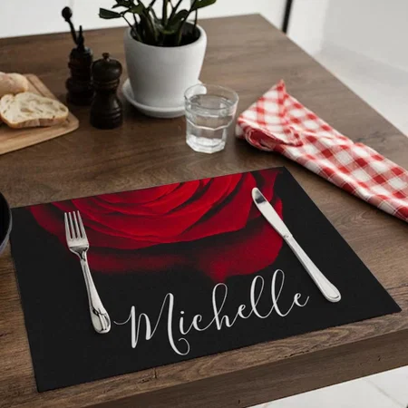Custom Monogram Red Rose Vintage Photograph Black Customized Printed Cloth Placemat Table Mat