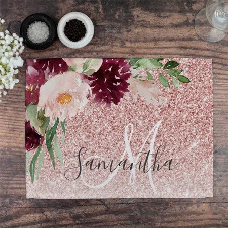 Modern Pink Glitter & Flower Sparkle With Name Customized Printed Cloth Placemat Table Mat