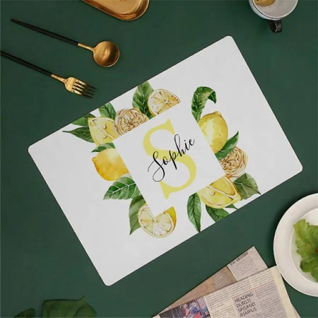 Modern Yellow Lemons Frame & Leaves With Name Customized Printed Cloth Placemat Table Mat