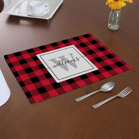 Family Monogram Farmhouse Red Buffalo Plaid Customized Printed Cloth Placemat Table Mat