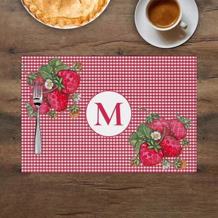 Red Strawberry Gingham Monogram Summer Cottage Customized Printed Cloth Placemat Table Mat