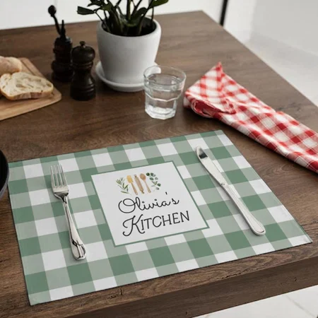 Sage Green Gingham Pattern Customized Printed Cloth Placemat Table Mat