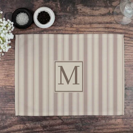 Initial Rustic Farmhouse Striped Beige & Taupe Customized Printed Cloth Placemat Table Mat