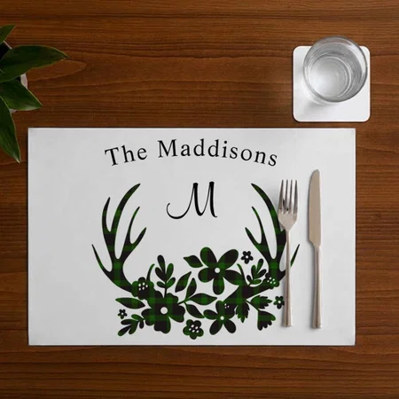 Monogram Rustic Antlers Buffalo Check Green Black Customized Printed Cloth Placemat Table Mat