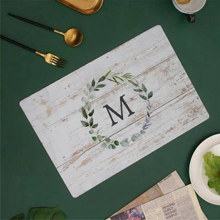 Monogrammed Vintage White Wood Green Leaf Wreath Customized Printed Cloth Placemat Table Mat