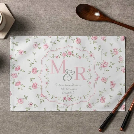 Romantic Floral Monogram | Vintage Cottagecore Customized Printed Cloth Placemat Table Mat