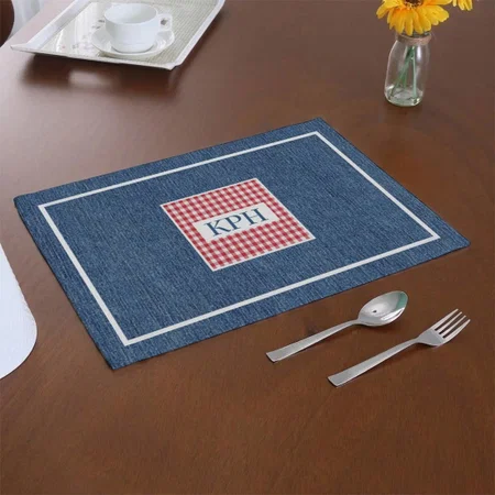 Monogram, Red & White Gingham, Blue Denim Print Customized Printed Cloth Placemat Table Mat