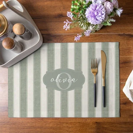 Rustic Sage Green Srtiped Customized Printed Cloth Placemat Table Mat