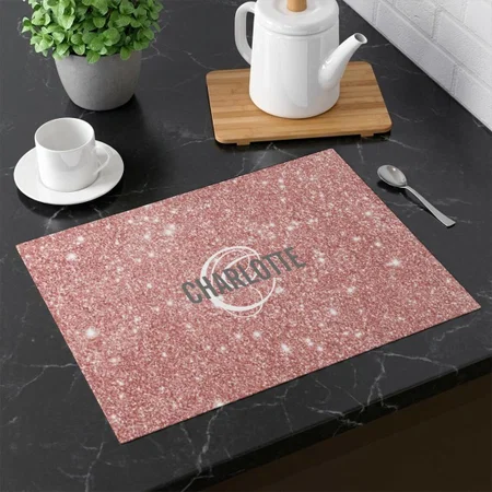 Elegant Rose Gold Glitter Monogram Name Customized Printed Cloth Placemat Table Mat