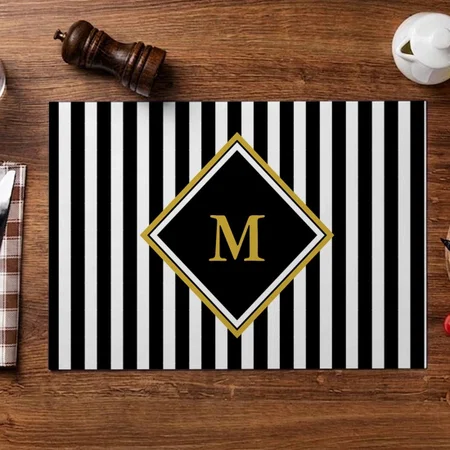 Elegant Black White And Gold Monogram Striped Customized Printed Cloth Placemat Table Mat