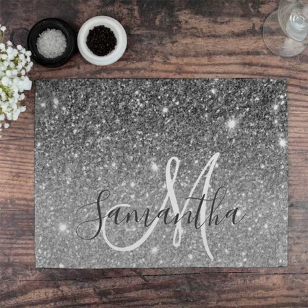 Modern Grey Glitter Sparkles Customized Printed Cloth Placemat Table Mat