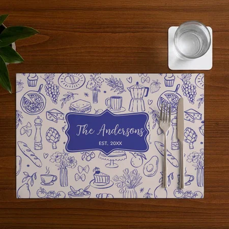 Personalized Family Name Cute Hand Drawn Customized Printed Cloth Placemat Table Mat