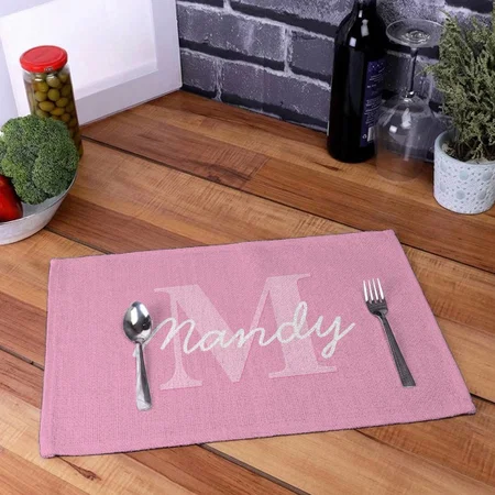 Cute Looking Cursive Name & Monogram Pink Customized Printed Cloth Placemat Table Mat
